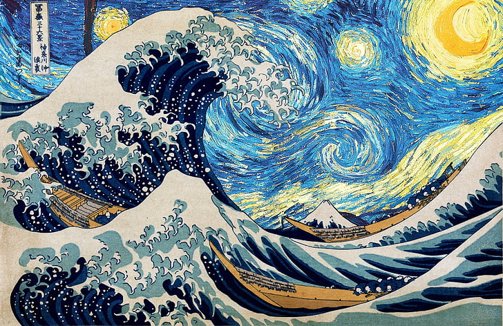 The Great Wave of Kanagawa painting, Hokusai, starry night, Vincent van Gogh