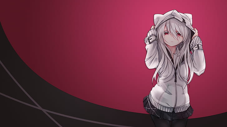 anime girls, white hair, red eyes, hoods, simple background