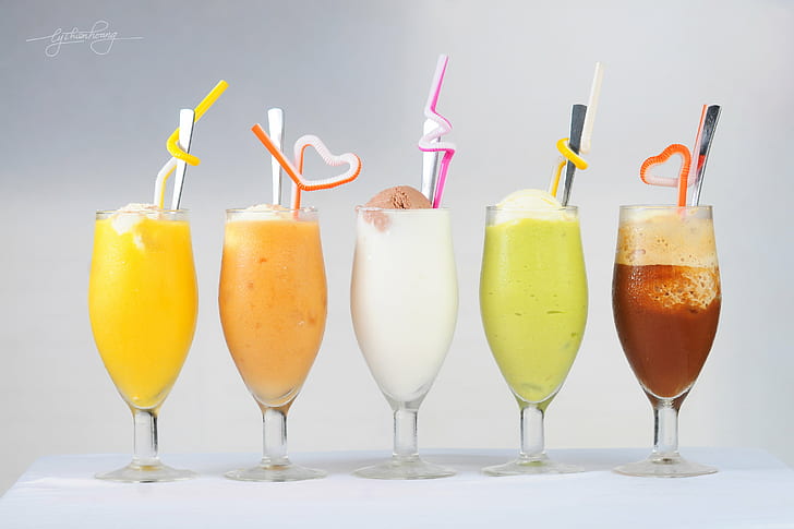 five assorted fruit shakes on glasses, Ice Cream, Smoothie, food