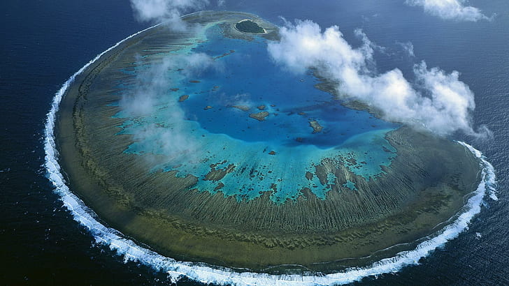 Polynesia Atoll, ocean, round, blue, beautiful, birds eye view, HD wallpaper