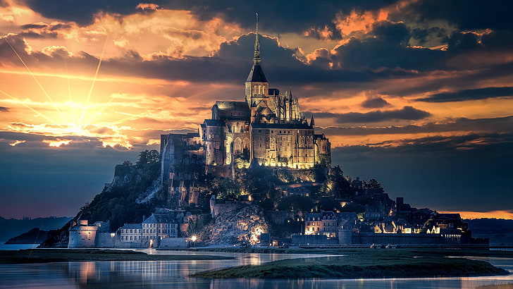castle near body of water digital wallpaper, France, Mont Saint-Michel, HD wallpaper
