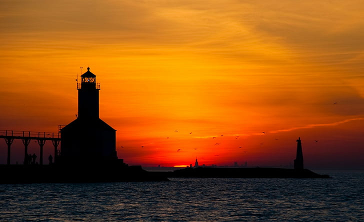 sunset, lighthouse, HD wallpaper