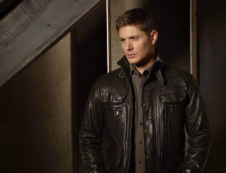 men's black leather zip-up jacket, man, Actor, Jensen Ackles