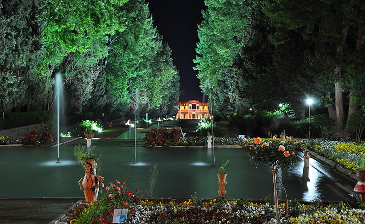 Kerman Prince Garden, in-ground pool, Asia, Iran, Travel, Night, HD wallpaper