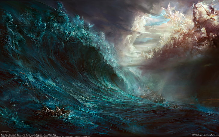 boat, war, sea, waves, storm, ship, magic, water, gods, artwork
