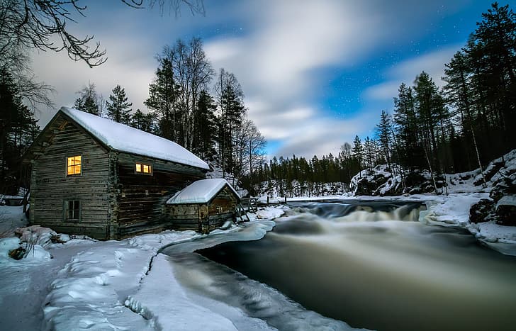 winter, forest, snow, landscape, nature, house, river, the evening, HD wallpaper