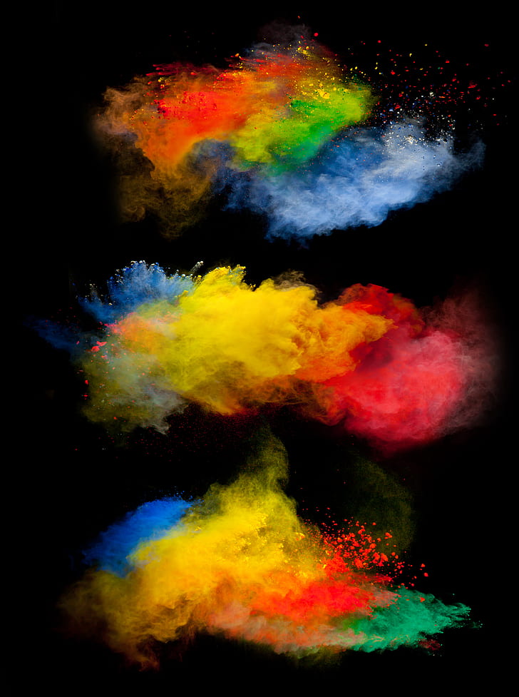 powder explosion, black background, colorful