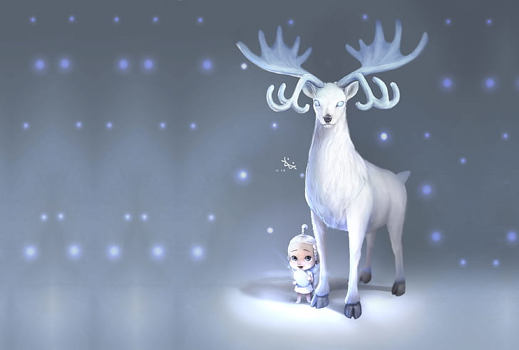 HD wallpaper: winter, snow, deer, fantasy, art, children's, ji