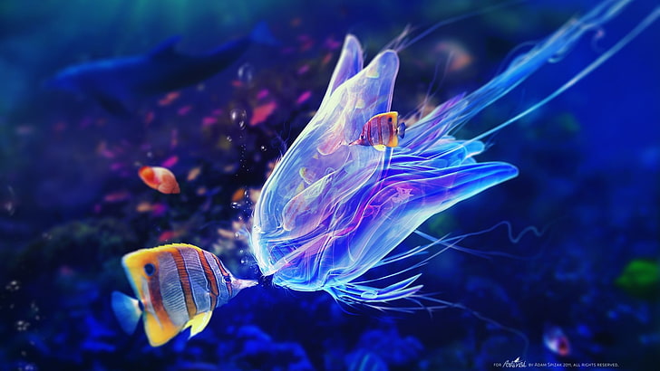 yellow fish and jelly fish, fantasy art, digital art, underwater