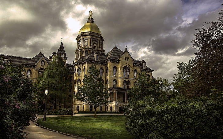 Indiana, Notre Dame University, USA, trees, clouds, dusk, HD wallpaper