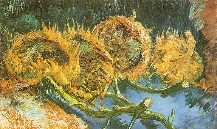 green and yellow flower painting, artwork, Vincent van Gogh, sunflowers