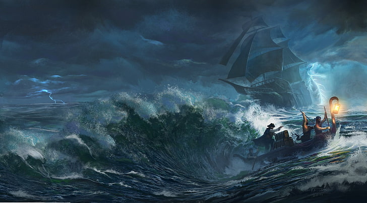 painting of people on boat, sea, storm, pirates, ship, artwork, HD wallpaper