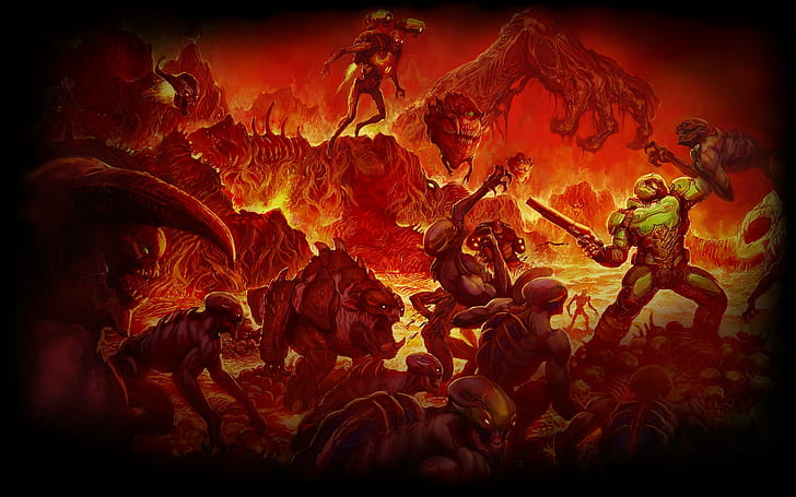 Doom (2016), Video Game Art, video game characters, hell, Doom slayer, HD wallpaper