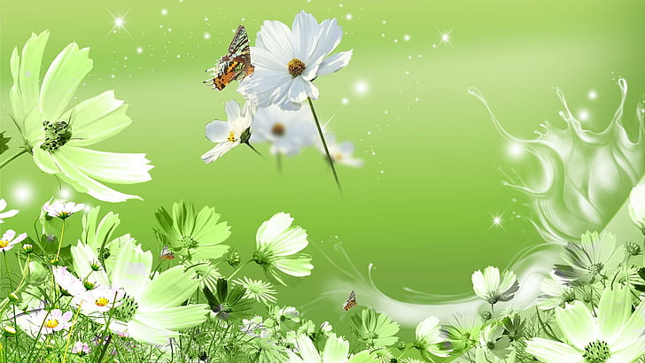 Wild Flowers Green, breeze, papillon, grass, fleurs, garden, wind