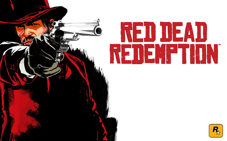 Red Dead Redemption poster, cowboy, hat, revolver, vector, illustration
