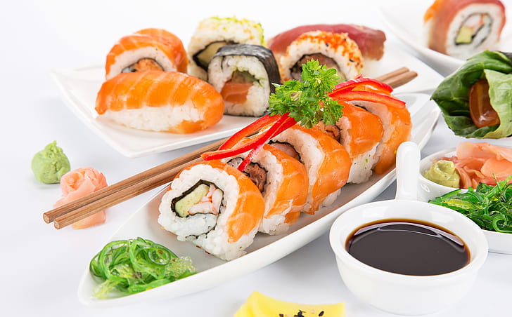 fish, sauce, sushi, rolls, seafoods, HD wallpaper