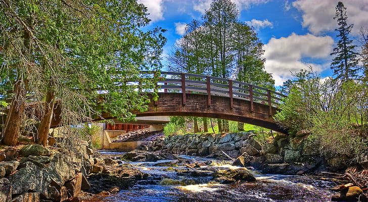 brown bridge over the river surrounded by green trees, wisconsin, wisconsin