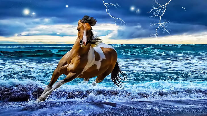 HD wallpaper: horse, run, lightning, running, sea, ocean | Wallpaper Flare
