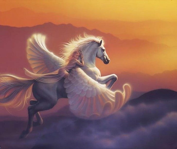Cloud, fantasy, girl, horse, Pegasus, sky, sunset, Unicorn, HD wallpaper