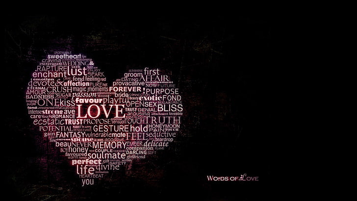 heart-shaped texts, typography, word clouds, black background