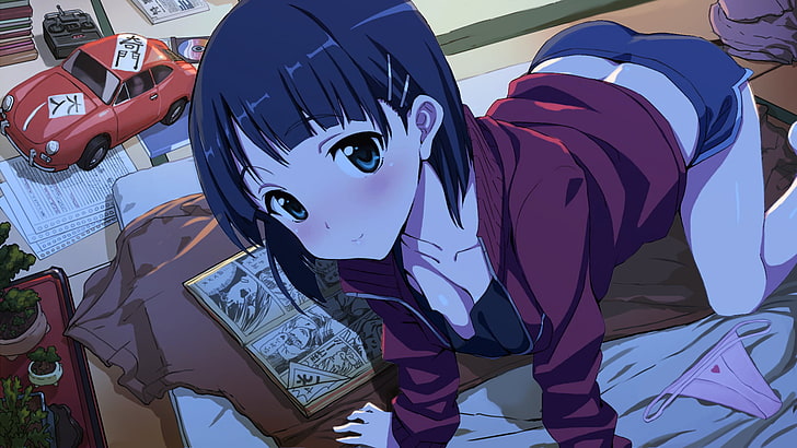 black haired female anime character wearing red jacket, girl