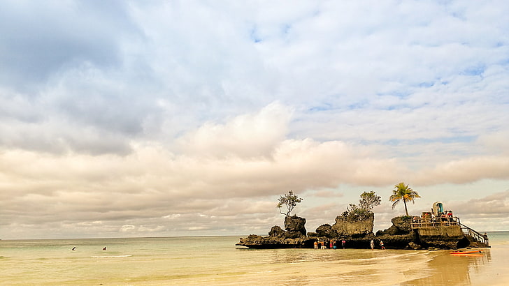 brown rocks, nature, beach, island, Boracay, water, sea, sky, HD wallpaper