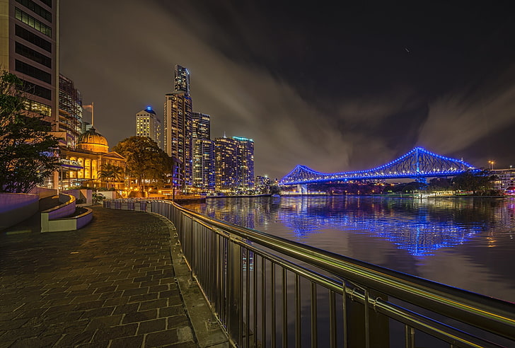 night, lights, river, skyscrapers, Australia, megapolis, Brisbane, HD wallpaper