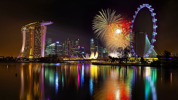 singapore, nightlife, sky, tower, buildings, lights, night-time, HD wallpaper