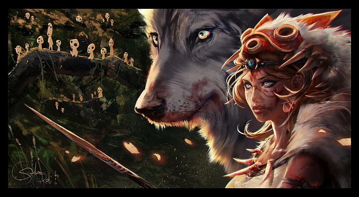 black and brown wolf painting, fantasy art, Princess Mononoke