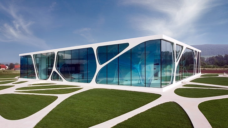 white metal framed clear glass house, Leonardo Glass Cube, architecture