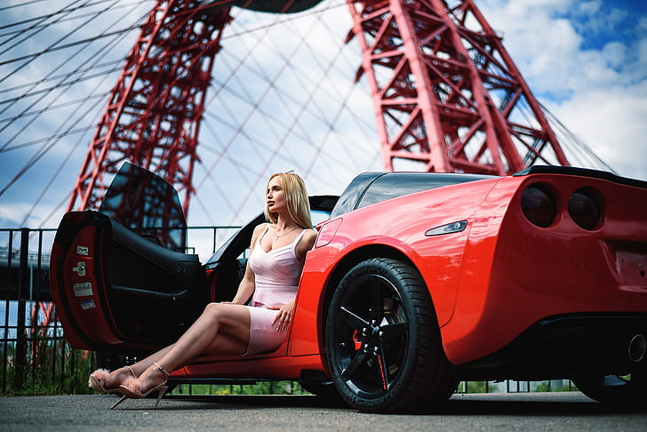 women, model, blonde, portrait, women with cars, red cars, Corvette, HD wallpaper