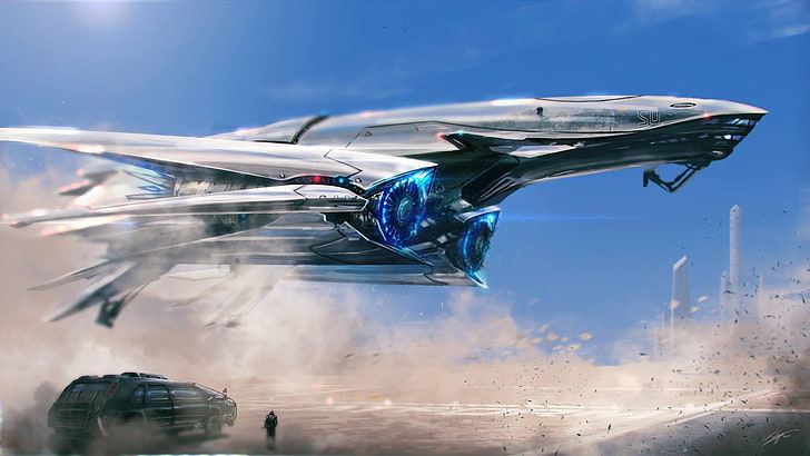 grey plane cartoon illustration, science fiction, spaceship, flying