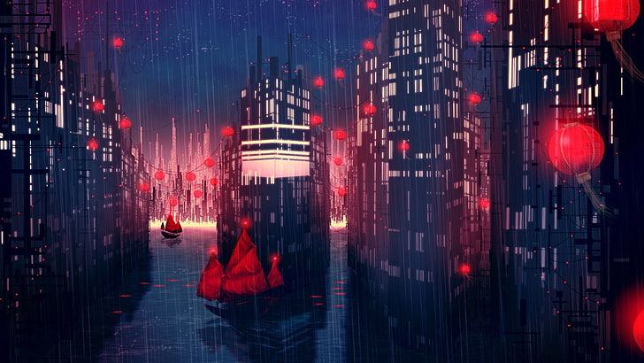 red sail boat beside building wallpaper, city buildings on rainy evening illustration