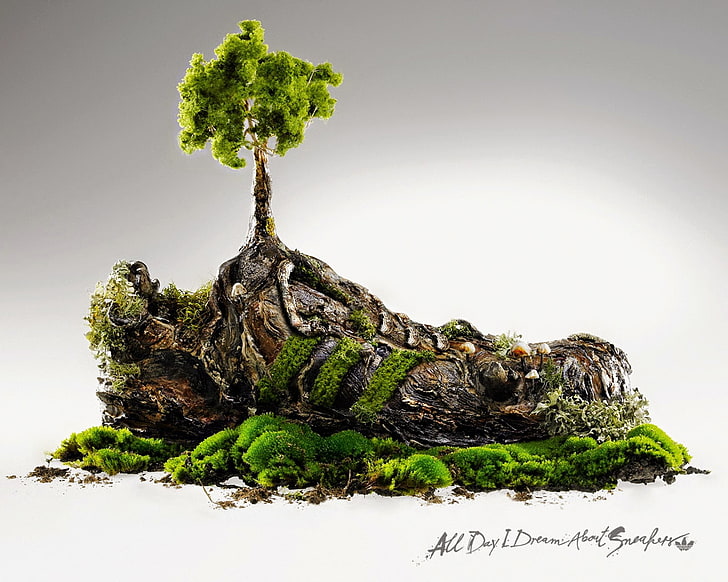 green tree figurine, digital art, Adidas, sneakers, nature, abstract, HD wallpaper