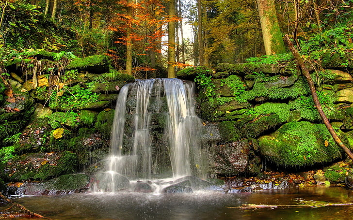 waterfalls between moss, nature, landscape, scenics - nature, HD wallpaper