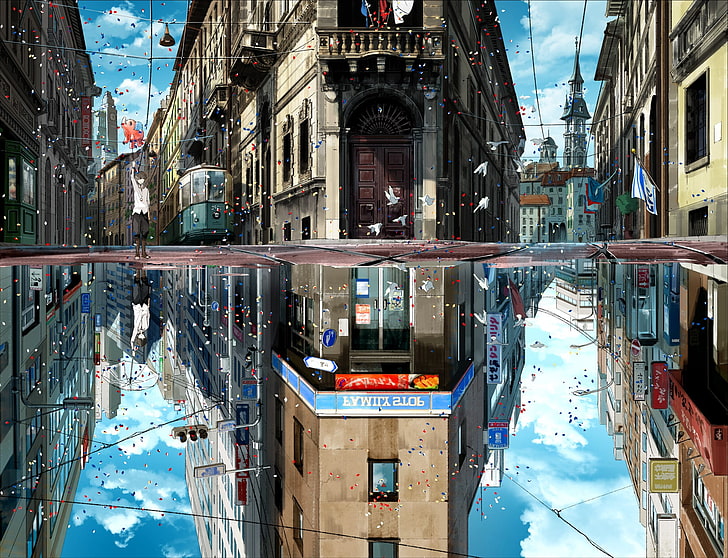 anime, city, reflection, GIMP, balloon, sky, umbrella, dove, HD wallpaper