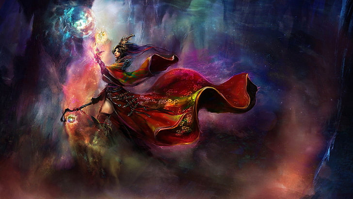 red and yellow dressed female cartoon character, fantasy art, HD wallpaper