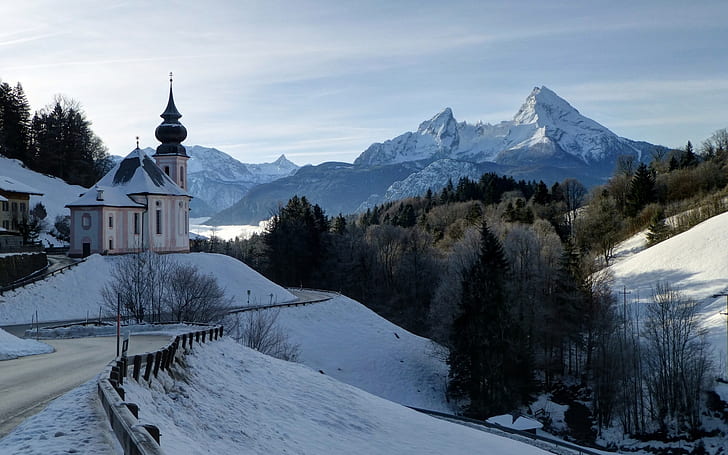 alps, bavaria, bavarian, berchtesgaden, church, forest, germany, HD wallpaper