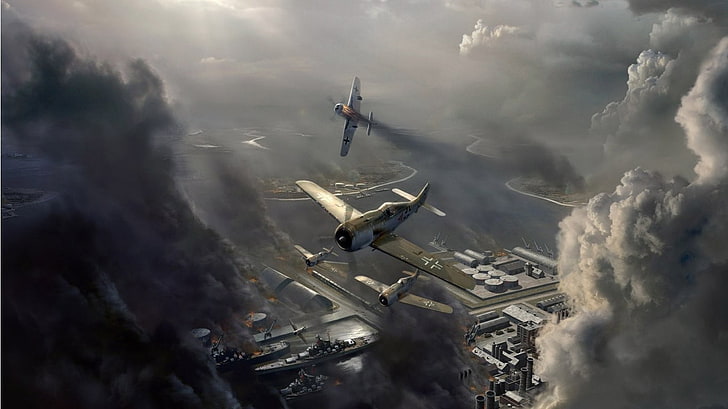 biplanes on mid air over smoking building game application, World War II
