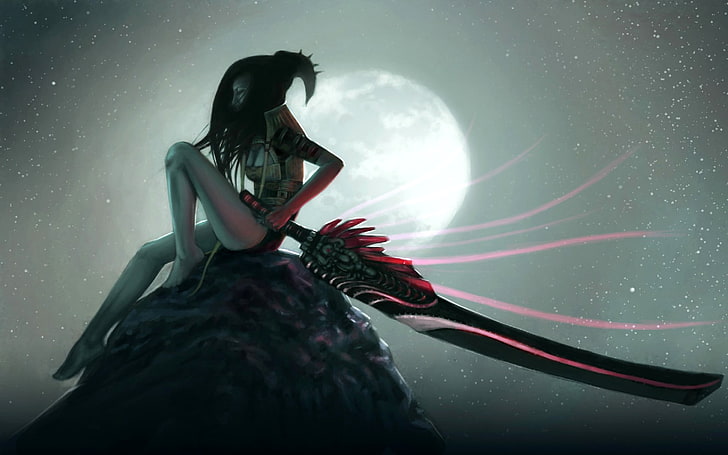 woman holding sword, fantasy girl, fantasy art, one person, sky