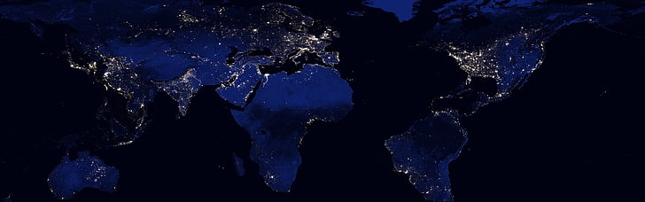 Continents, Earth, Lights, Multiple Display, night, space, blue