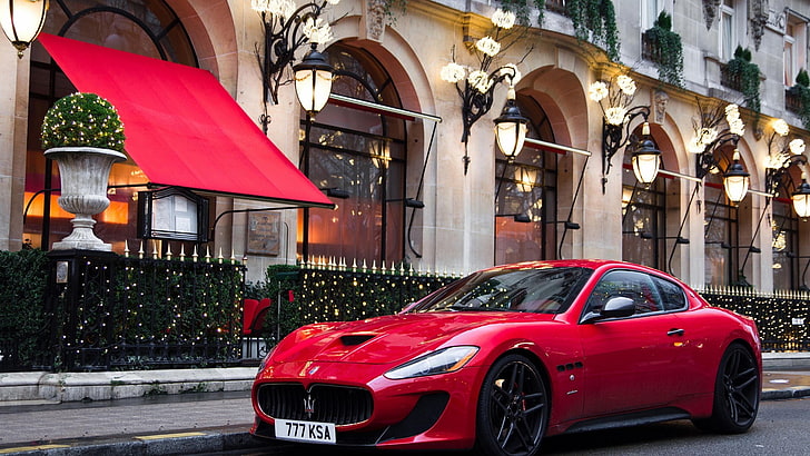 red Maserati Grandturismo coupe, car, sports car, red cars, outdoors
