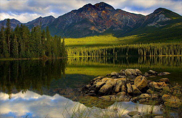 Jasper National Park, Canada, sky, clouds, Lake, Mountain, forest, HD wallpaper