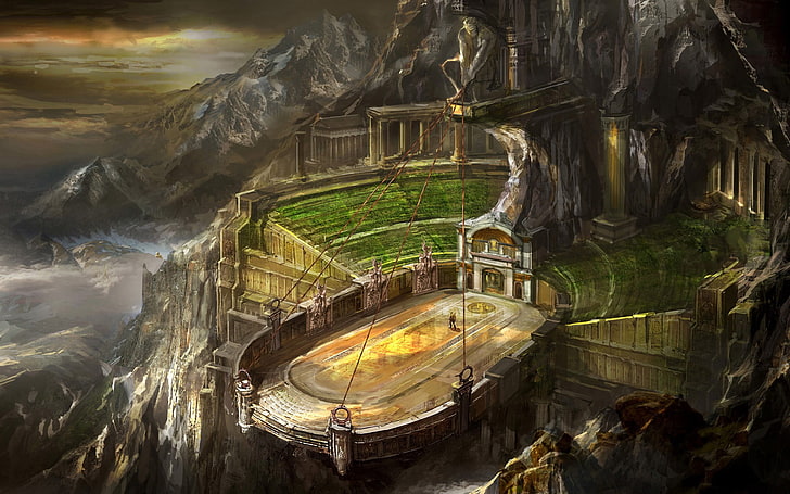 stadium on mountain painting, digital art, fantasy art, God of War