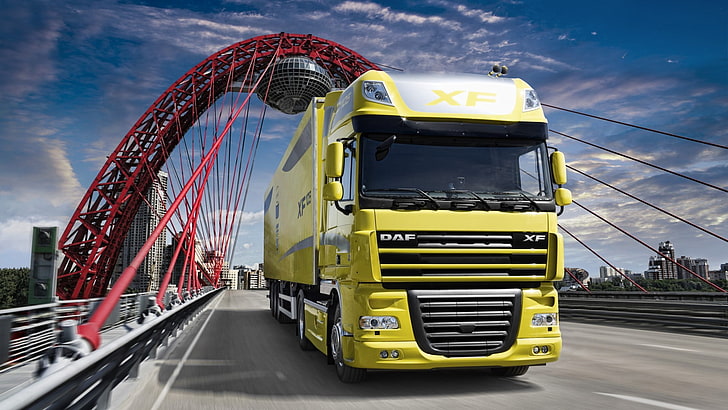 yellow freight truck, DAF, transportation, mode of transportation, HD wallpaper