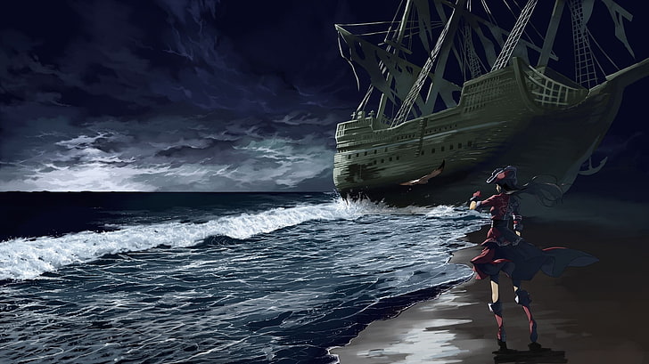 beach night birds ships pirates scenic artwork anime girls 1734x975  Animals Birds HD Art, HD wallpaper
