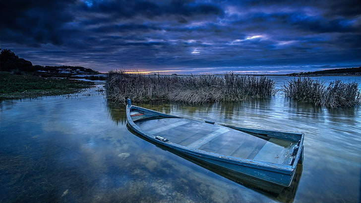grey bass boat, wreck, sky, blue, water, clouds, landscape, nature