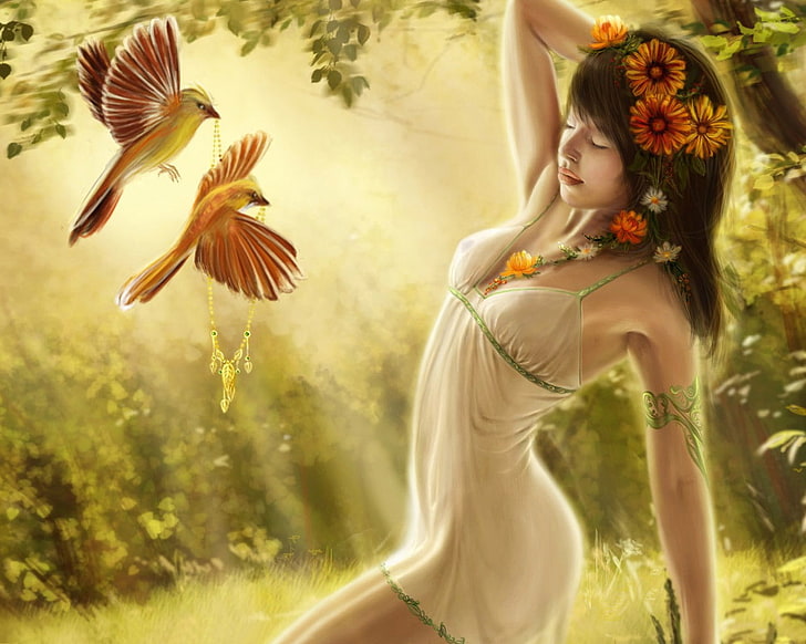 fantasy girl, closed eyes, fantasy art, birds, women, flower in hair, HD wallpaper