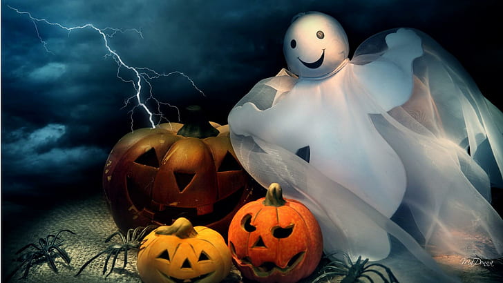 Happy Halloween Ghost, Halloween themed poster, jack o lanterns