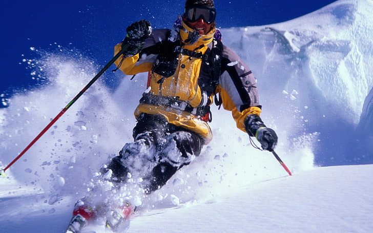 Skiing Extreme Sports HD Desktop Wallpaper 12, men's yellow and gray full-zip jacket